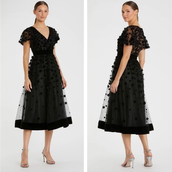Mac Duggal Black Embellished Butterfly Sleeve Velvet Hem Midi Dress #67754 Sz: 2